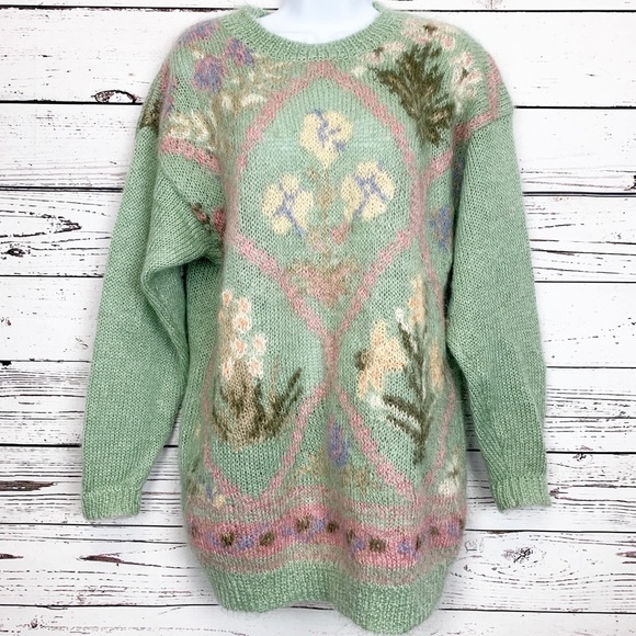 Vintage Sweaters - MELBOURNE vintage green floral mohair sweater